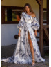 One Shoulder Blue Printed Organza Slit Wedding Dress